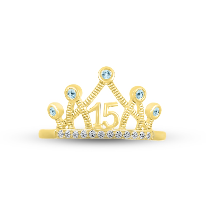 Aquamarine & White Lab-Created Sapphire Quinceañera Crown Ring 10K Yellow Gold