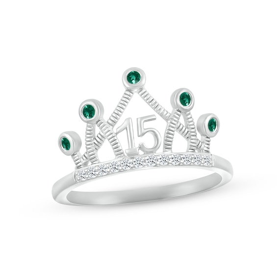 Lab-Created Emerald & White Lab-Created Sapphire Quinceañera Crown Ring Sterling Silver