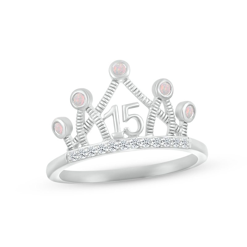 Main Image 1 of Lab-Created Opal & White Lab-Created Sapphire Quinceañera Crown Ring Sterling Silver