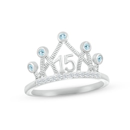 Aquamarine & White Lab-Created Sapphire Quinceañera Crown Ring Sterling Silver