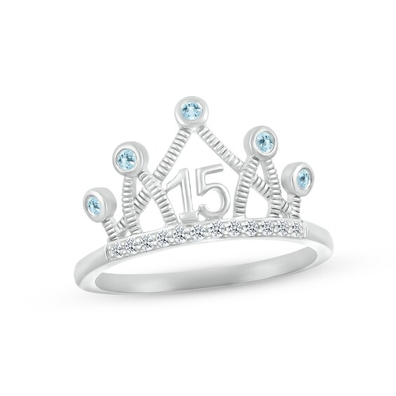 Aquamarine & White Lab-Created Sapphire Quinceañera Crown Ring Sterling Silver
