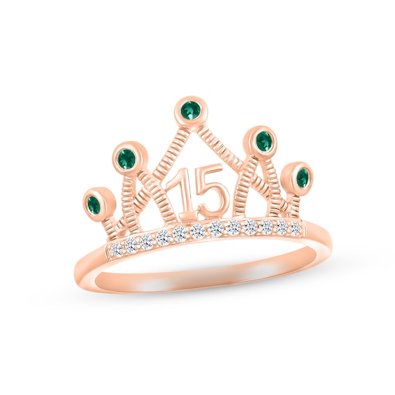 Lab-Created Emerald & White Lab-Created Sapphire Quinceañera Crown Ring 10K Rose Gold