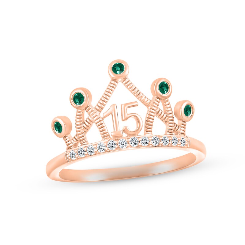 Main Image 1 of Lab-Created Emerald & White Lab-Created Sapphire Quinceañera Crown Ring 10K Rose Gold
