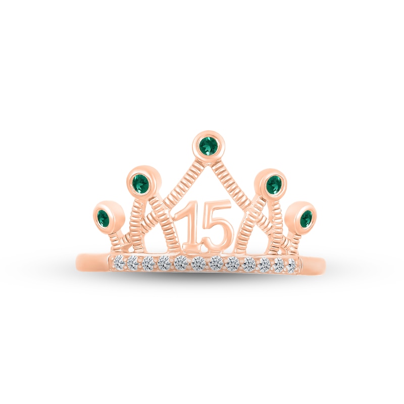 Main Image 2 of Lab-Created Emerald & White Lab-Created Sapphire Quinceañera Crown Ring 10K Rose Gold
