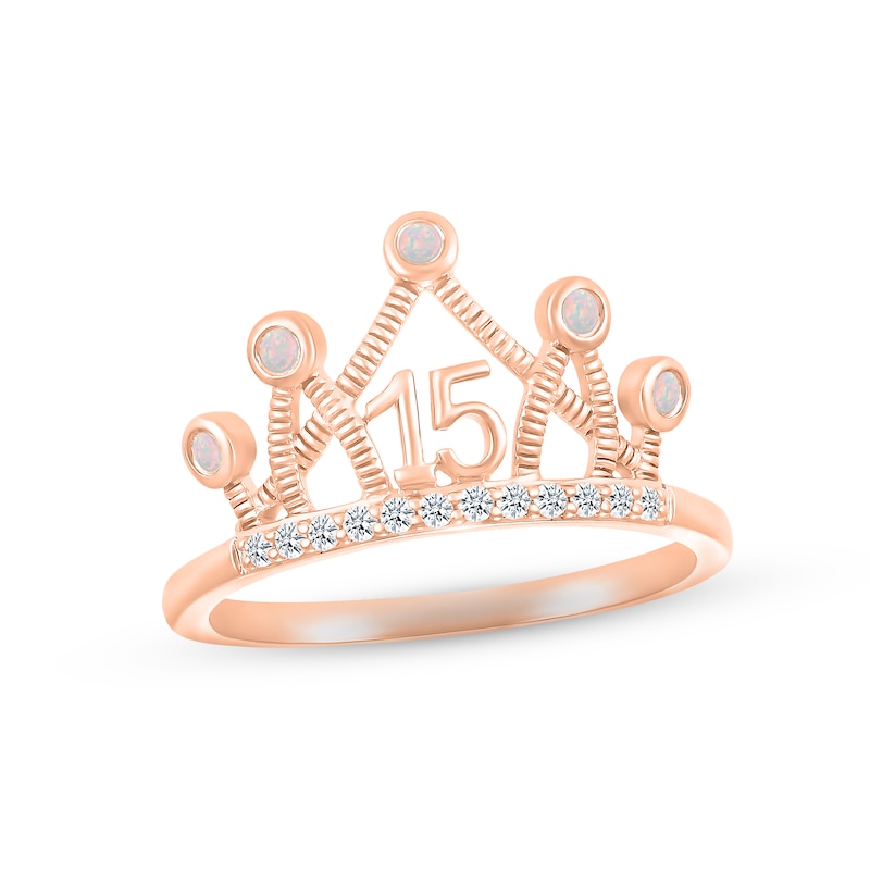 Main Image 1 of Lab-Created Opal & White Lab-Created Sapphire Quinceañera Crown Ring 10K Rose Gold