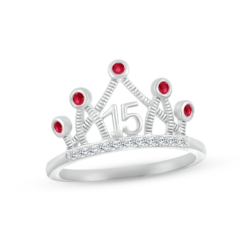 Main Image 1 of Lab-Created Ruby & White Lab-Created Sapphire Quinceañera Crown Ring 10K White Gold