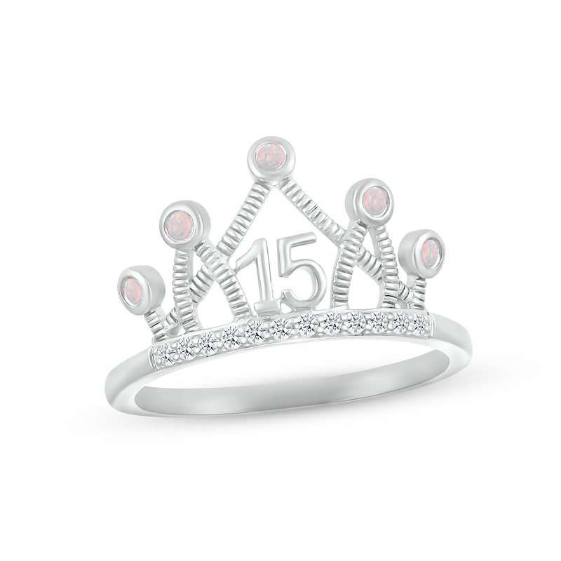 Lab-Created Opal & White Lab-Created Sapphire Quinceañera Crown Ring 10K White Gold