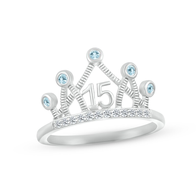 Main Image 1 of Aquamarine & White Lab-Created Sapphire Quinceañera Crown Ring 10K White Gold