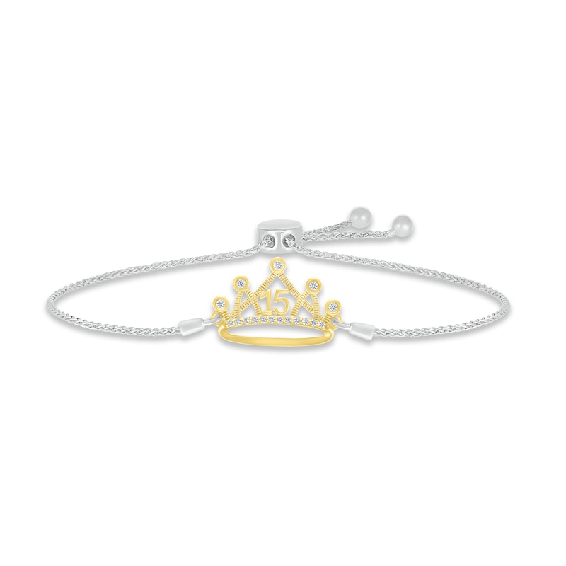White Lab-Created Sapphire Quinceañera Crown Bolo Bracelet Sterling Silver & 10K Yellow Gold