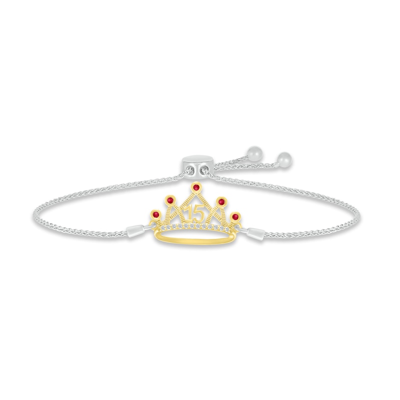 Main Image 1 of Lab-Created Ruby & White Lab-Created Sapphire Quinceañera Crown Bolo Bracelet Sterling Silver & 10K Yellow Gold