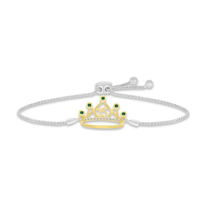 Lab-Created Emerald & White Lab-Created Sapphire Quinceañera Crown Bolo Bracelet Sterling Silver & 10K Yellow Gold