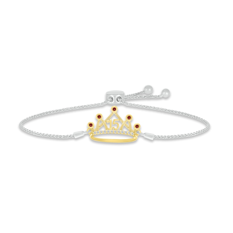 Garnet & White Lab-Created Sapphire Quinceañera Crown Bolo Bracelet Sterling Silver & 10K Yellow Gold