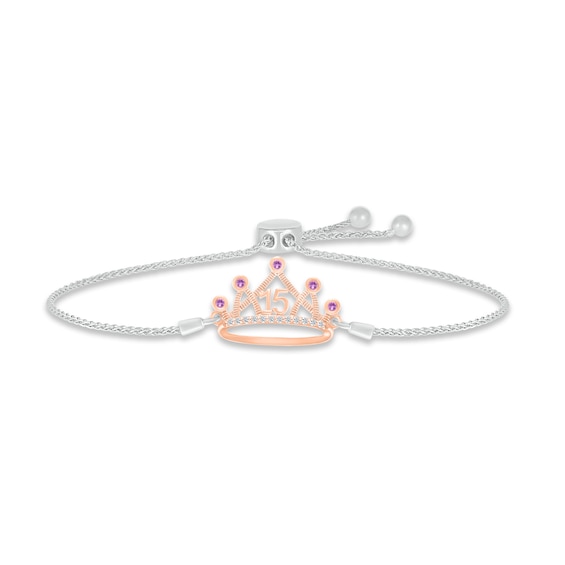Amethyst & White Lab-Created Sapphire Quinceañera Crown Bolo Bracelet Sterling Silver & 10K Rose Gold