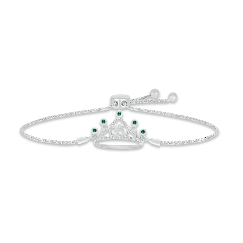 Lab-Created Emerald & White Lab-Created Sapphire Quinceañera Crown Bolo Bracelet Sterling Silver