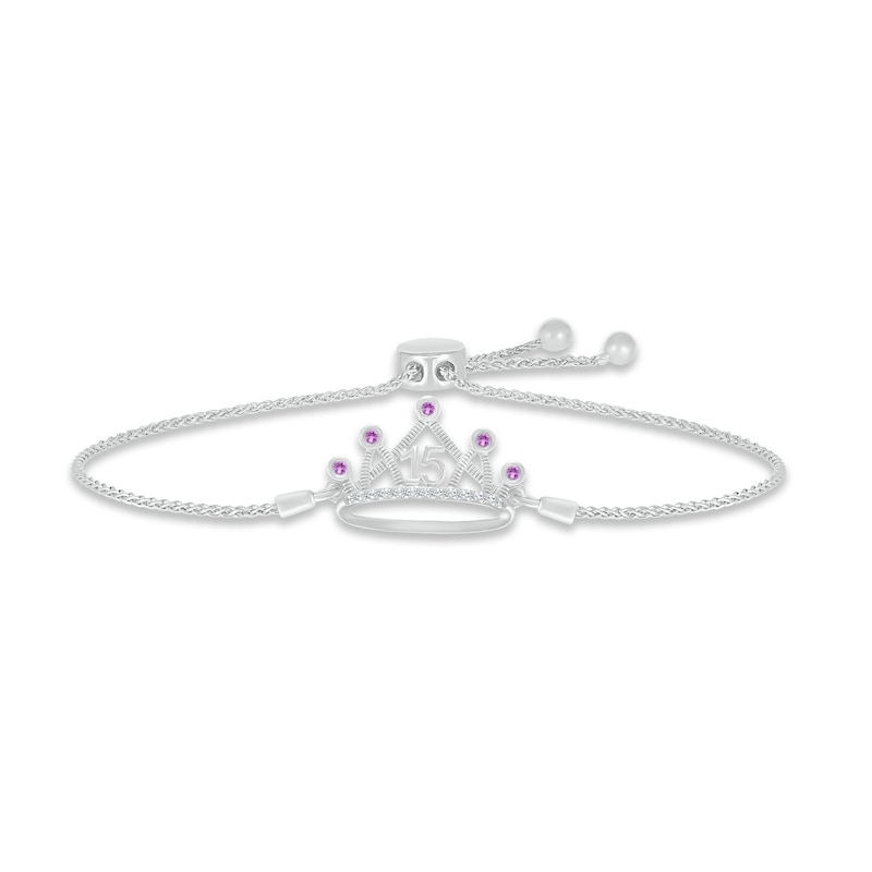 Amethyst & White Lab-Created Sapphire Quinceañera Crown Bolo Bracelet Sterling Silver