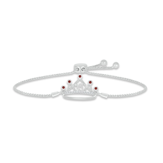 Garnet & White Lab-Created Sapphire Quinceañera Crown Bolo Bracelet Sterling Silver