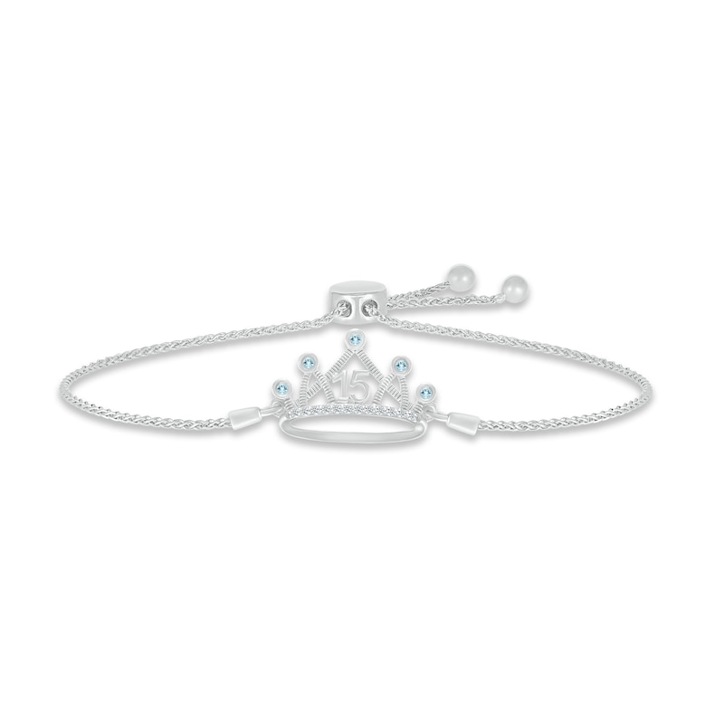 Aquamarine & White Lab-Created Sapphire Quinceañera Crown Bolo Bracelet Sterling Silver