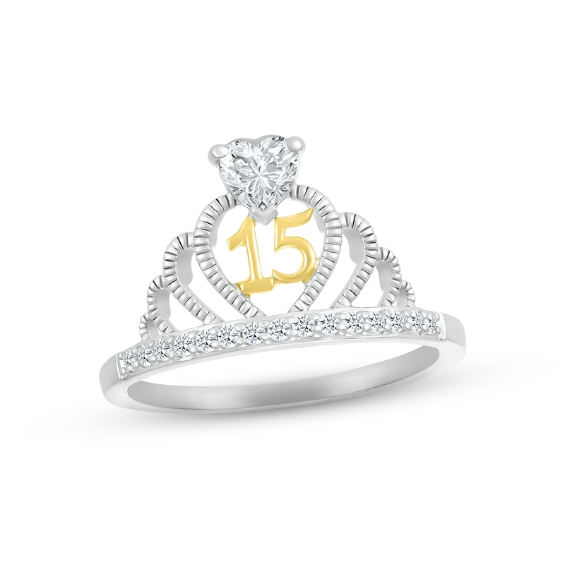 Main Image 1 of White Lab-Created Sapphire Quinceañera Crown Ring Sterling Silver & 10K Yellow Gold