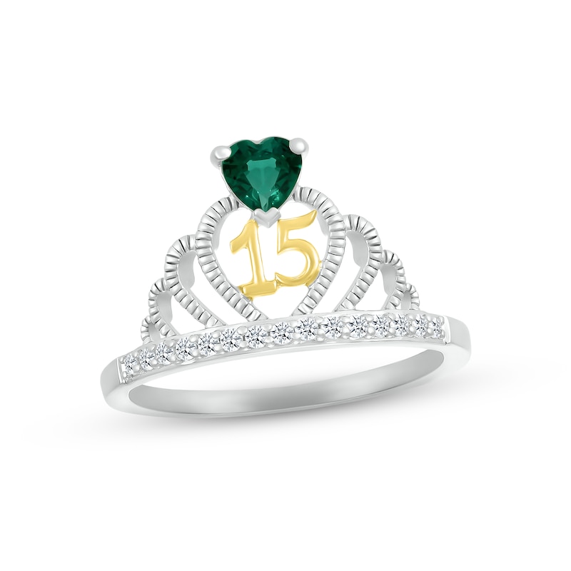 Main Image 1 of Lab-Created Emerald & White Lab-Created Sapphire Quinceañera Crown Ring Sterling Silver & 10K Yellow Gold