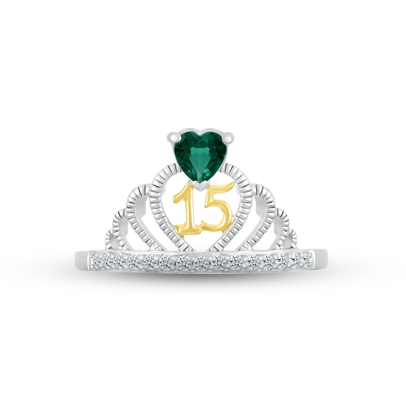 Main Image 2 of Lab-Created Emerald & White Lab-Created Sapphire Quinceañera Crown Ring Sterling Silver & 10K Yellow Gold
