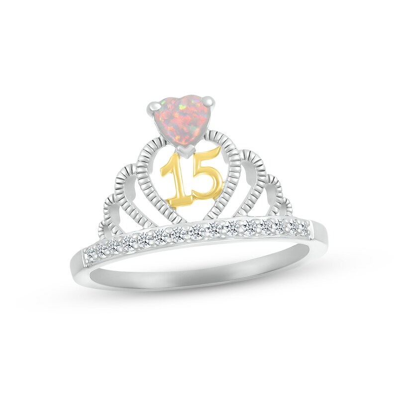 Main Image 1 of Lab-Created Opal & White Lab-Created Sapphire Quinceañera Crown Ring Sterling Silver & 10K Yellow Gold