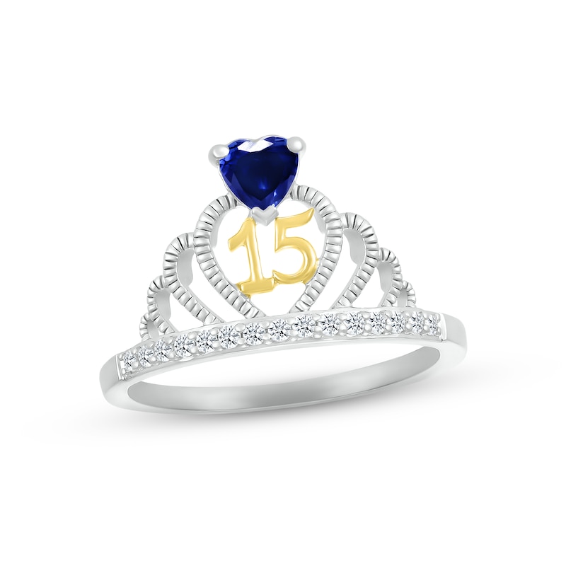 Blue & White Lab-Created Sapphire Quinceañera Crown Ring Sterling Silver & 10K Yellow Gold