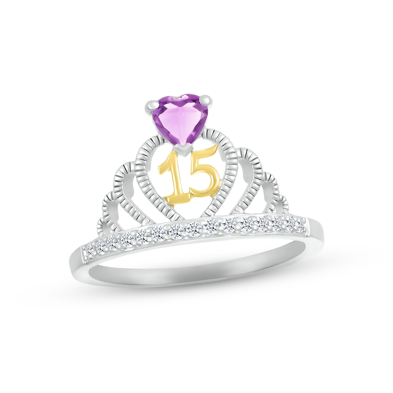 Amethyst & White Lab-Created Sapphire Quinceañera Crown Ring Sterling Silver & 10K Yellow Gold