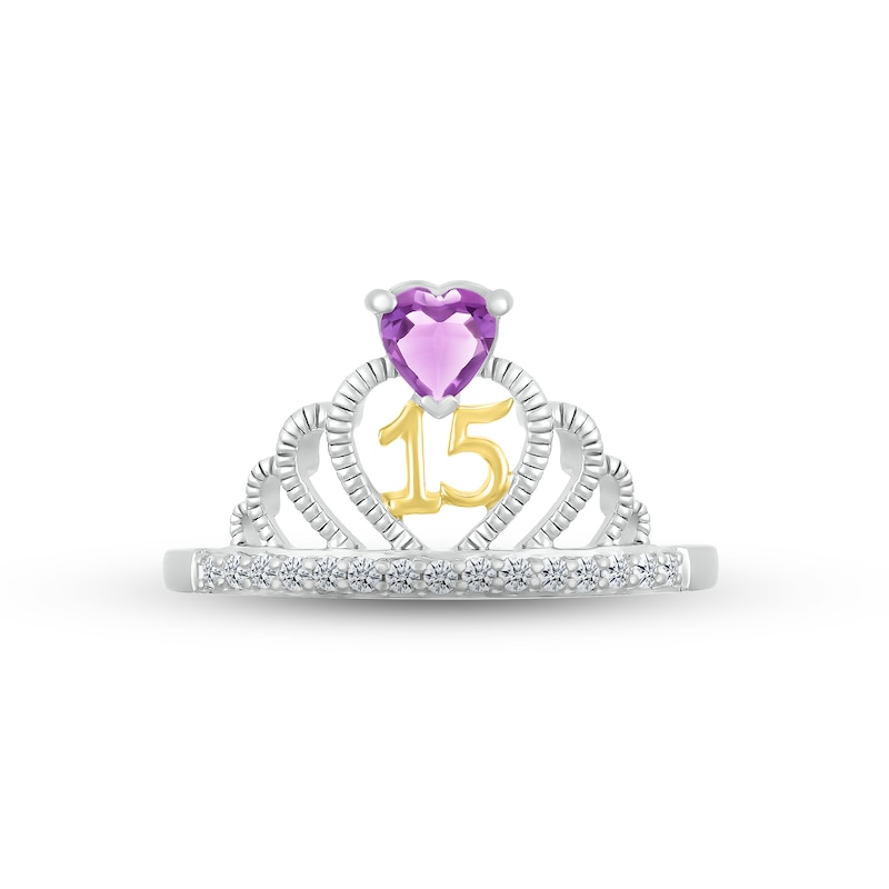 Amethyst & White Lab-Created Sapphire Quinceañera Crown Ring Sterling Silver & 10K Yellow Gold