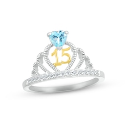Swiss Blue Topaz & White Lab-Created Sapphire Quinceañera Crown Ring Sterling Silver & 10K Yellow Gold