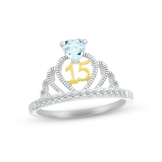 Aquamarine & White Lab-Created Sapphire Quinceañera Crown Ring Sterling Silver & 10K Yellow Gold