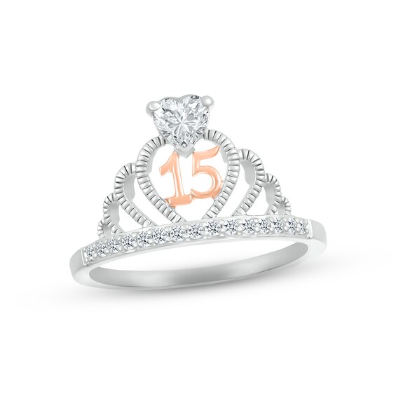 White Lab-Created Sapphire Quinceañera Crown Ring Sterling Silver & 10K Rose Gold