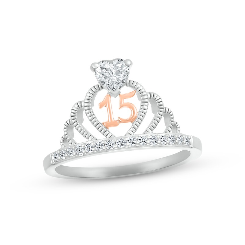 Main Image 1 of White Lab-Created Sapphire Quinceañera Crown Ring Sterling Silver & 10K Rose Gold