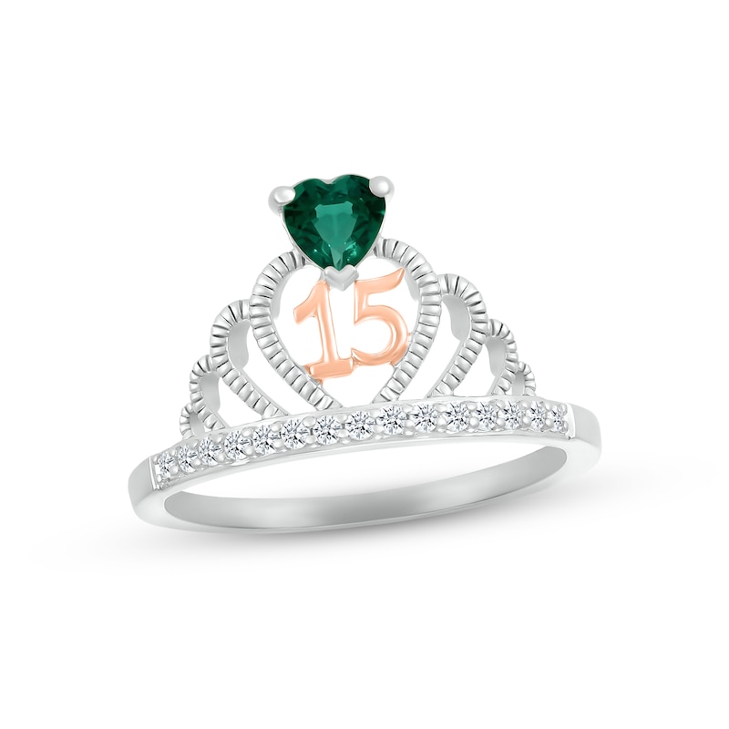 Lab-Created Emerald & White Lab-Created Sapphire Quinceañera Crown Ring Sterling Silver & 10K Rose Gold