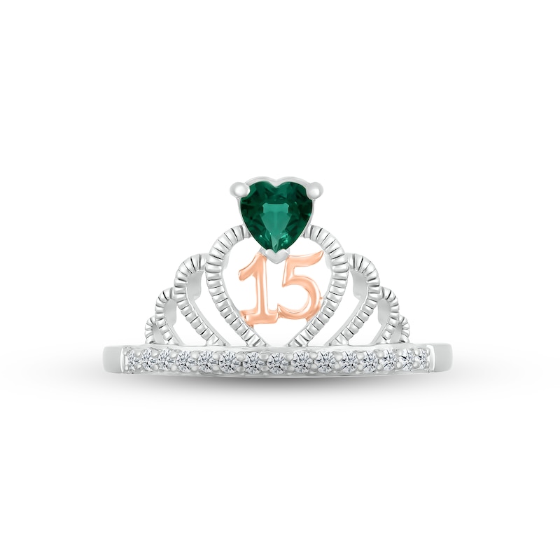 Lab-Created Emerald & White Lab-Created Sapphire Quinceañera Crown Ring Sterling Silver & 10K Rose Gold