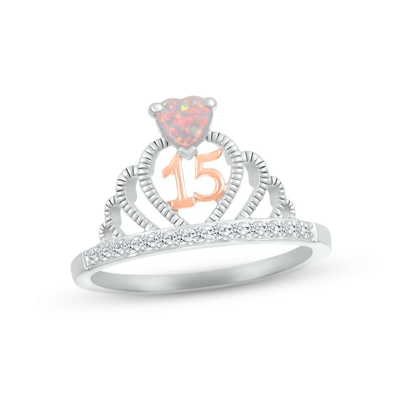 Main Image 1 of Lab-Created Opal & White Lab-Created Sapphire Quinceañera Crown Ring Sterling Silver & 10K Rose Gold