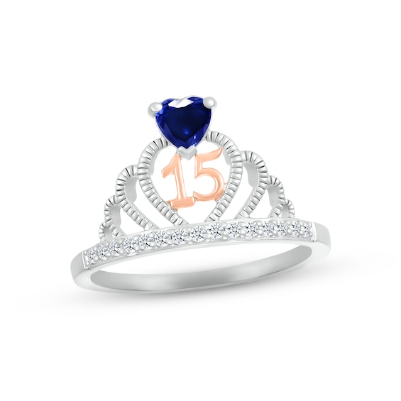 Blue & White Lab-Created Sapphire Quinceañera Crown Ring Sterling Silver & 10K Rose Gold