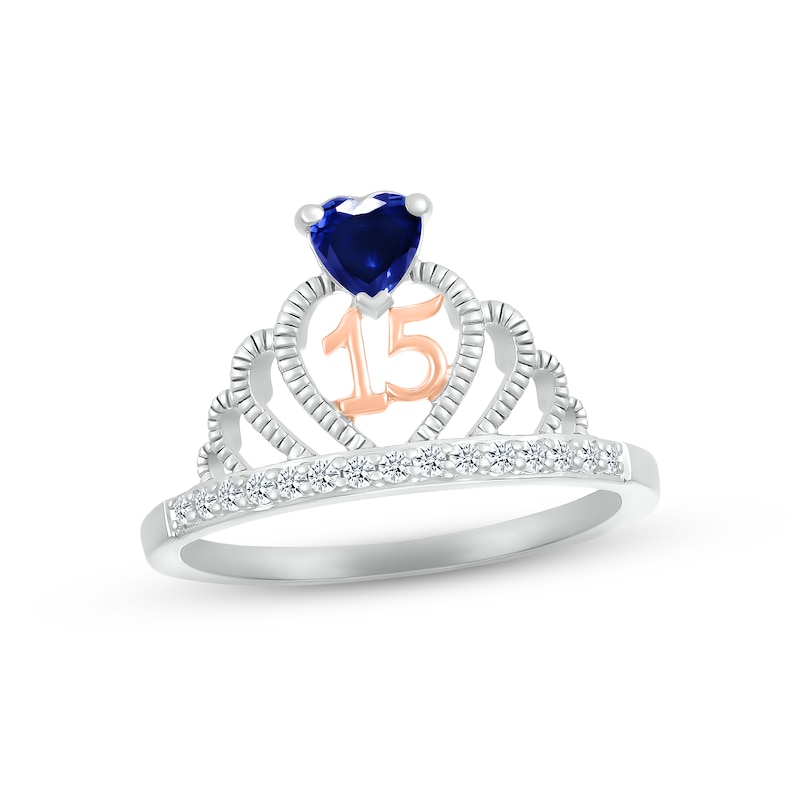Main Image 1 of Blue & White Lab-Created Sapphire Quinceañera Crown Ring Sterling Silver & 10K Rose Gold