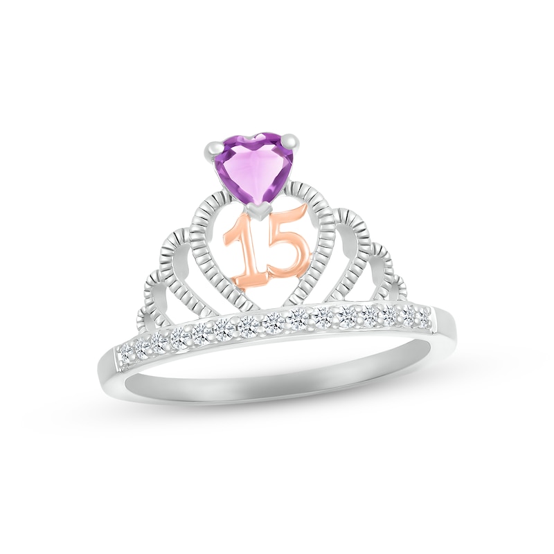 Amethyst & White Lab-Created Sapphire Quinceañera Crown Ring Sterling Silver & 10K Rose Gold