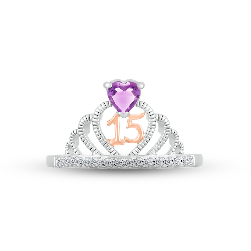 Amethyst & White Lab-Created Sapphire Quinceañera Crown Ring Sterling Silver & 10K Rose Gold