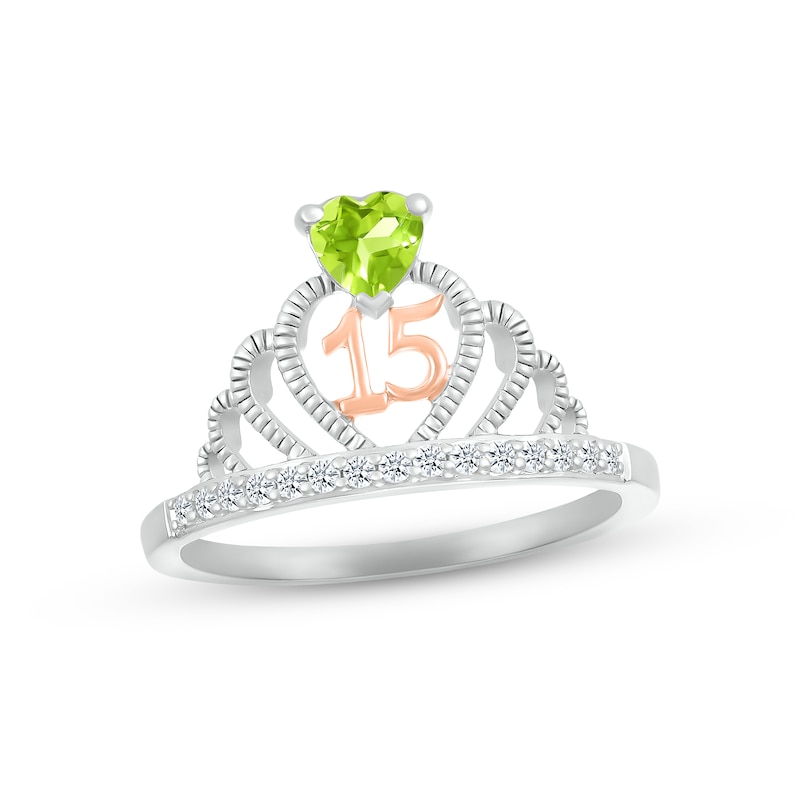 Main Image 1 of Peridot & White Lab-Created Sapphire Quinceañera Crown Ring Sterling Silver & 10K Rose Gold