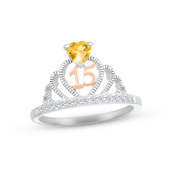 Citrine & White Lab-Created Sapphire Quinceañera Crown Ring Sterling Silver & 10K Rose Gold