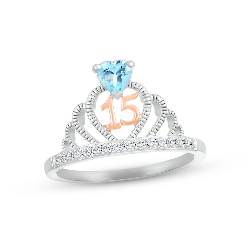 Swiss Blue Topaz & White Lab-Created Sapphire Quinceañera Crown Ring Sterling Silver & 10K Rose Gold