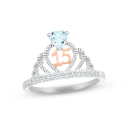 Aquamarine & White Lab-Created Sapphire Quinceañera Crown Ring Sterling Silver & 10K Rose Gold
