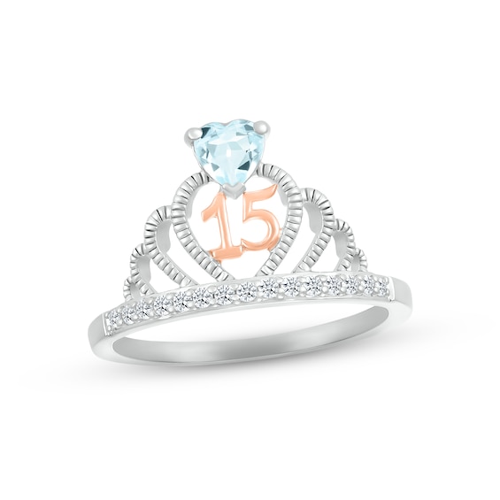 Aquamarine & White Lab-Created Sapphire Quinceañera Crown Ring Sterling Silver & 10K Rose Gold