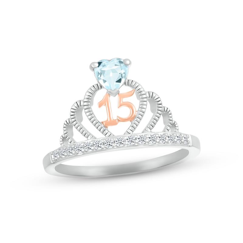 Main Image 1 of Aquamarine & White Lab-Created Sapphire Quinceañera Crown Ring Sterling Silver & 10K Rose Gold