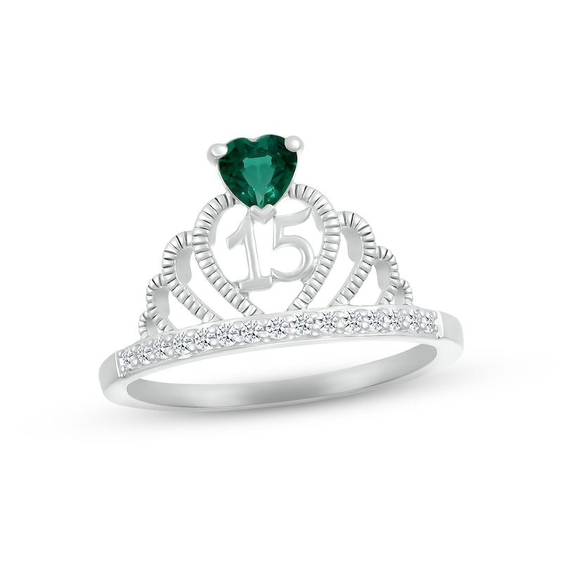 Lab-Created Emerald & White Lab-Created Sapphire Quinceañera Crown Ring Sterling Silver