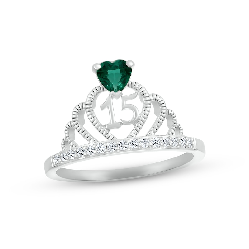 Main Image 1 of Lab-Created Emerald & White Lab-Created Sapphire Quinceañera Crown Ring Sterling Silver