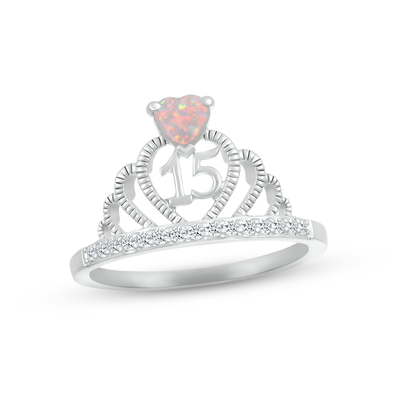 Main Image 1 of Lab-Created Opal & White Lab-Created Sapphire Quinceañera Crown Ring Sterling Silver