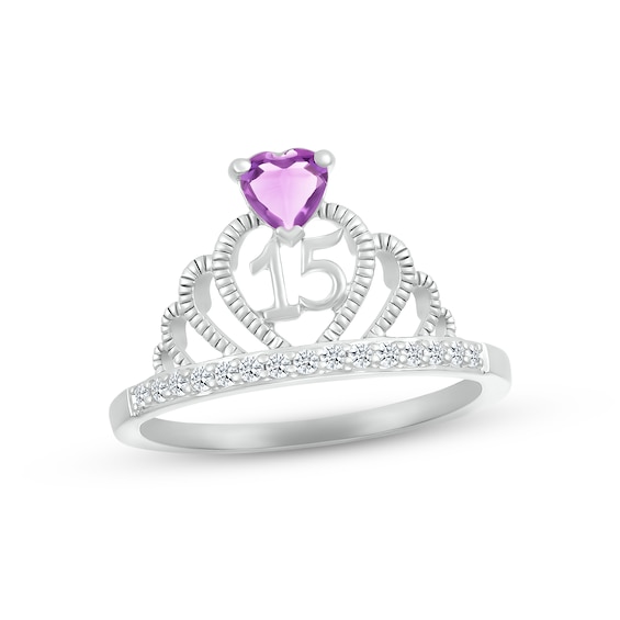 Amethyst & White Lab-Created Sapphire Quinceañera Crown Ring Sterling Silver