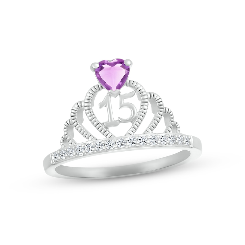 Sterling Silver Diamond And Heart Shaped Amethyst Crown Ring